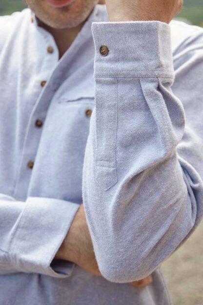 Mens Pale Blue Cotton Flannel Grandfather Shirt Detail