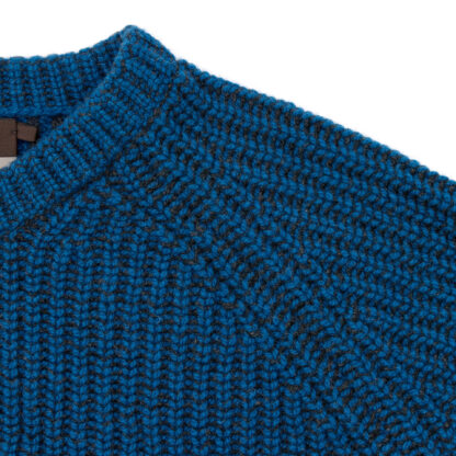 Mens Petrol Blue Ribbed Raglan Crew Neck Cashmere and Wool Jumper Detail 2