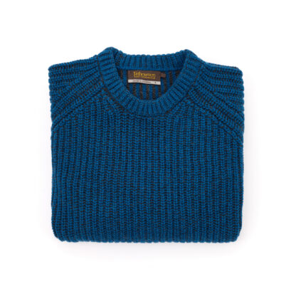 Mens Petrol Blue Ribbed Raglan Crew Neck Cashmere and Wool Jumper Folded