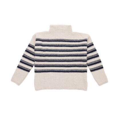 Womens Mock Neck Cream and Blue Striped Merino Wool Jumper