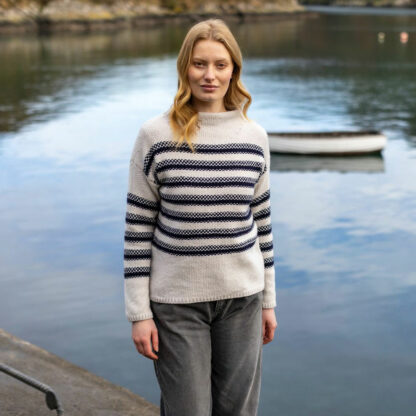 Womens Mock Neck Cream and Blue Striped Merino Wool Jumper Model 1