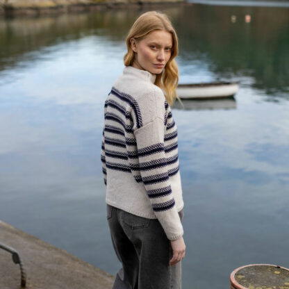 Womens Mock Neck Cream and Blue Striped Merino Wool Jumper Model 2