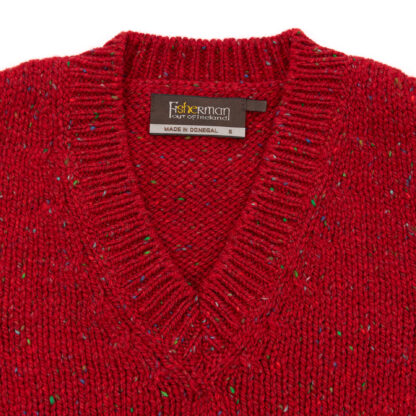 Womens Robin Red Donegal Wool V Neck Slipover Detail of the Collar