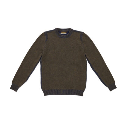 Mens Indigo Army Green Crew Neck Lambswool Jumper Flat