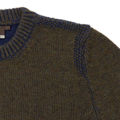 Mens Indigo Army Green Crew Neck Lambswool Jumper Detail of Sleeve