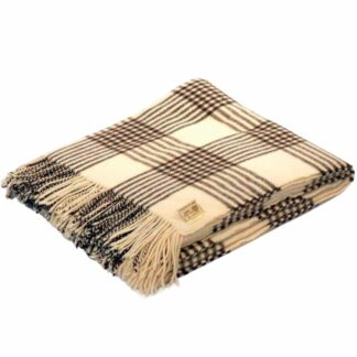 King Size Spanish Wool Manta Blanket - Cream and Brown Checked